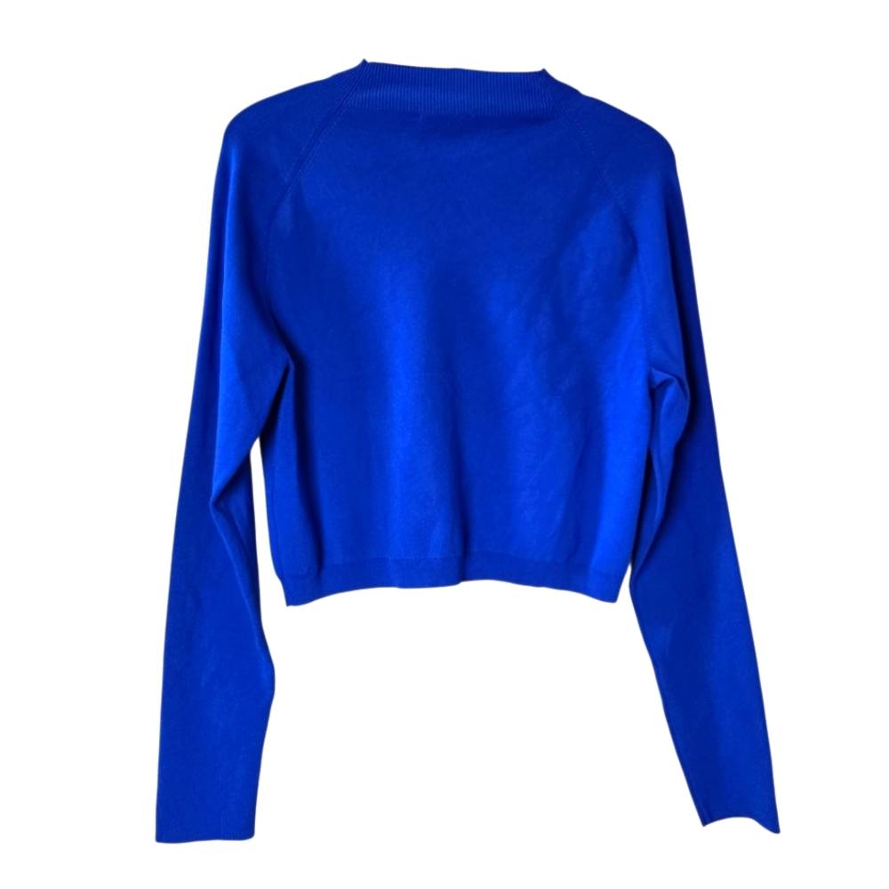 COS Large Cropped Knitted Mock-Neck Top Bright Blue Long-Sleeve Stretch - Picture 3 of 11
